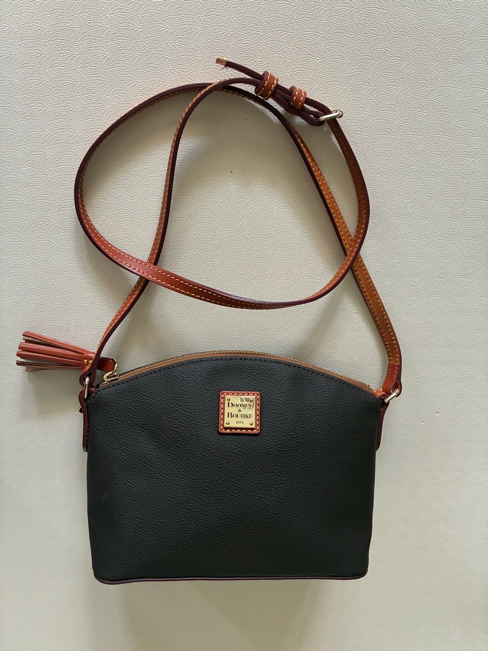 Dooney & Bourke Robin Black Leather Crossbody with Brown Trim and Tassel